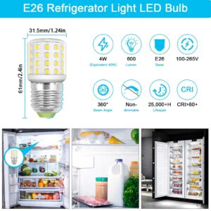 LED Refrigerator Light Bulb, 4W Replacement AC100-265V 3.5W Refrigerator Bulbs, E26 Medium Base Mini Compact Bright Fridge Freezer Bulb Appliance LED Light Bulbs, Daylight White 5000K, 2 Pack.