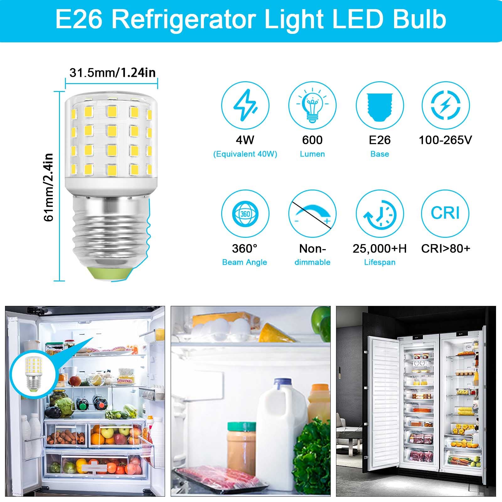 LED Refrigerator Light Bulb, 4W Replacement AC100-265V 3.5W Refrigerator Bulbs, E26 Medium Base Mini Compact Bright Fridge Freezer Bulb Appliance LED Light Bulbs, Daylight White 5000K, 2 Pack.