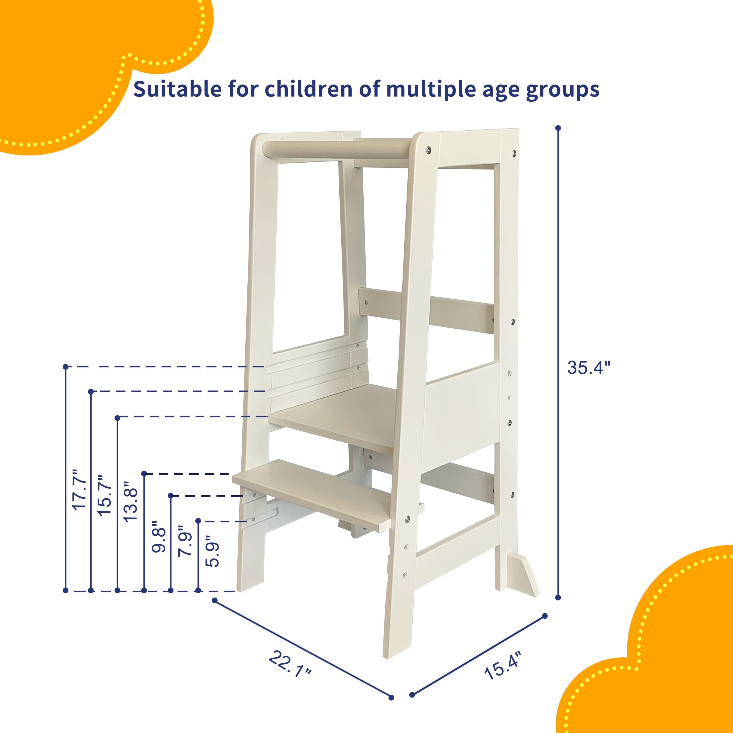 Damoch Family™ Kitchen Learning Stool Wooden Adjustable Height Kitchen Help Stool for Toddlers Patented Design (White)