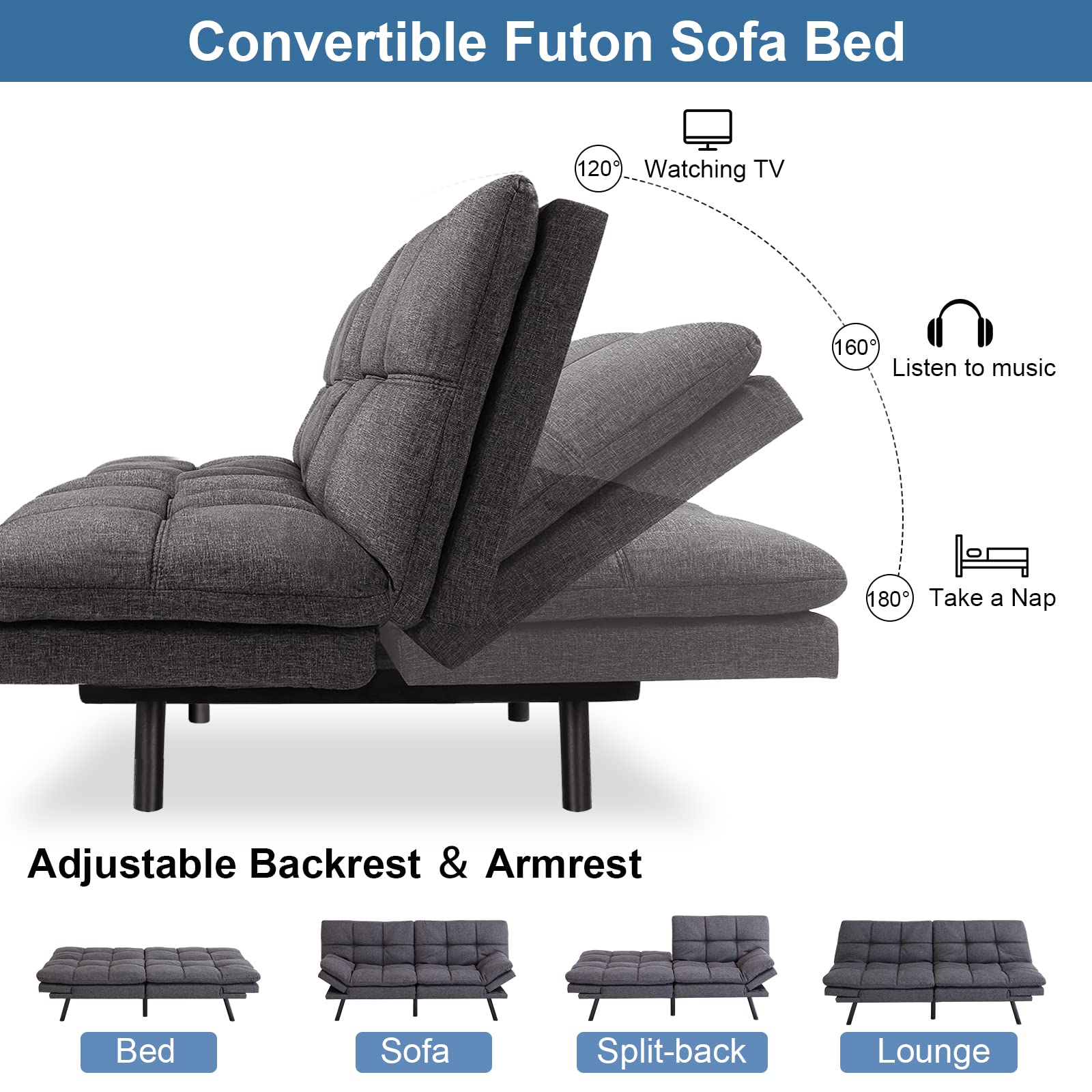 Maxspeed Futon Sofa Bed Memory Foam Sofa Couch Convertible Modern Loveseat Sleeper Sofa with Adjustable Armrests and Metal Legs,Multifunctional Grey Futon Sofa Bed for Apartment, Office, Small Spaces