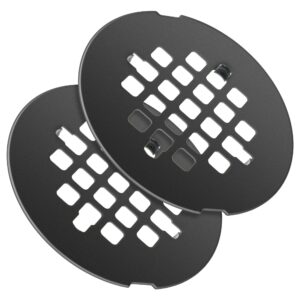 enhon 2 pack 4-1/4 snap in shower drain cover, round shower strainer drain grid, bathroom shower drain grate cap replacement for hair catcher, matte black, stainless steel