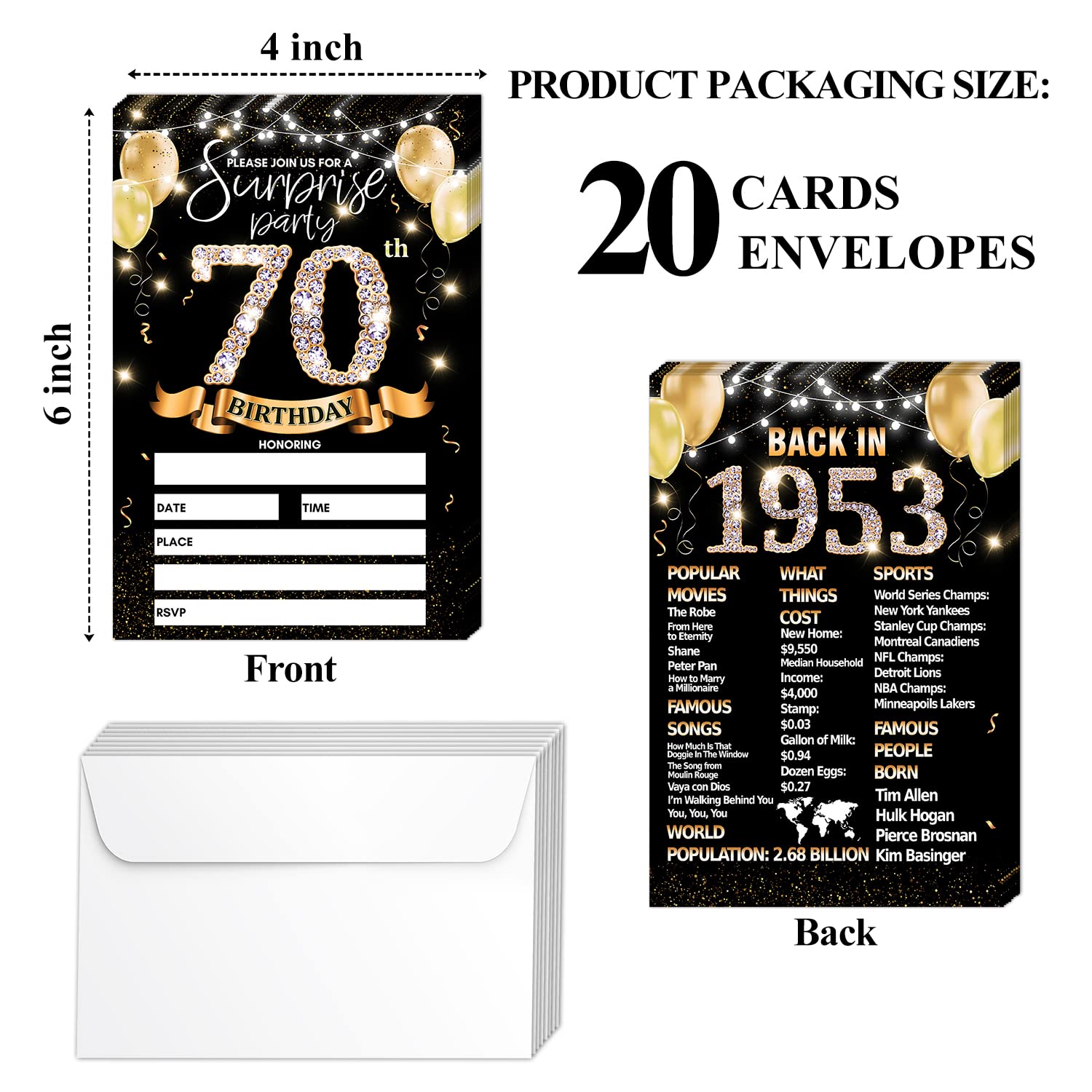 70th Birthday Party Invitation Card - Black Gold Invites with Back In 1953 Poster Printing On The Back Double-Sided Fill-in Invites - 20 Cards with Envelopes for Party Favors - sr-16