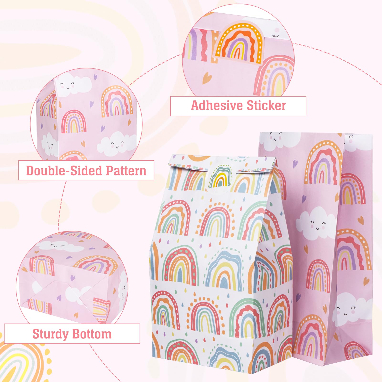 DECORLIFE 24PCS Rainbow Party Favor Bags, 4 Styles, Rainbow Goodie Bags for Birthday Party, Perfect for Girls, Kids, Boys, Stickers Included