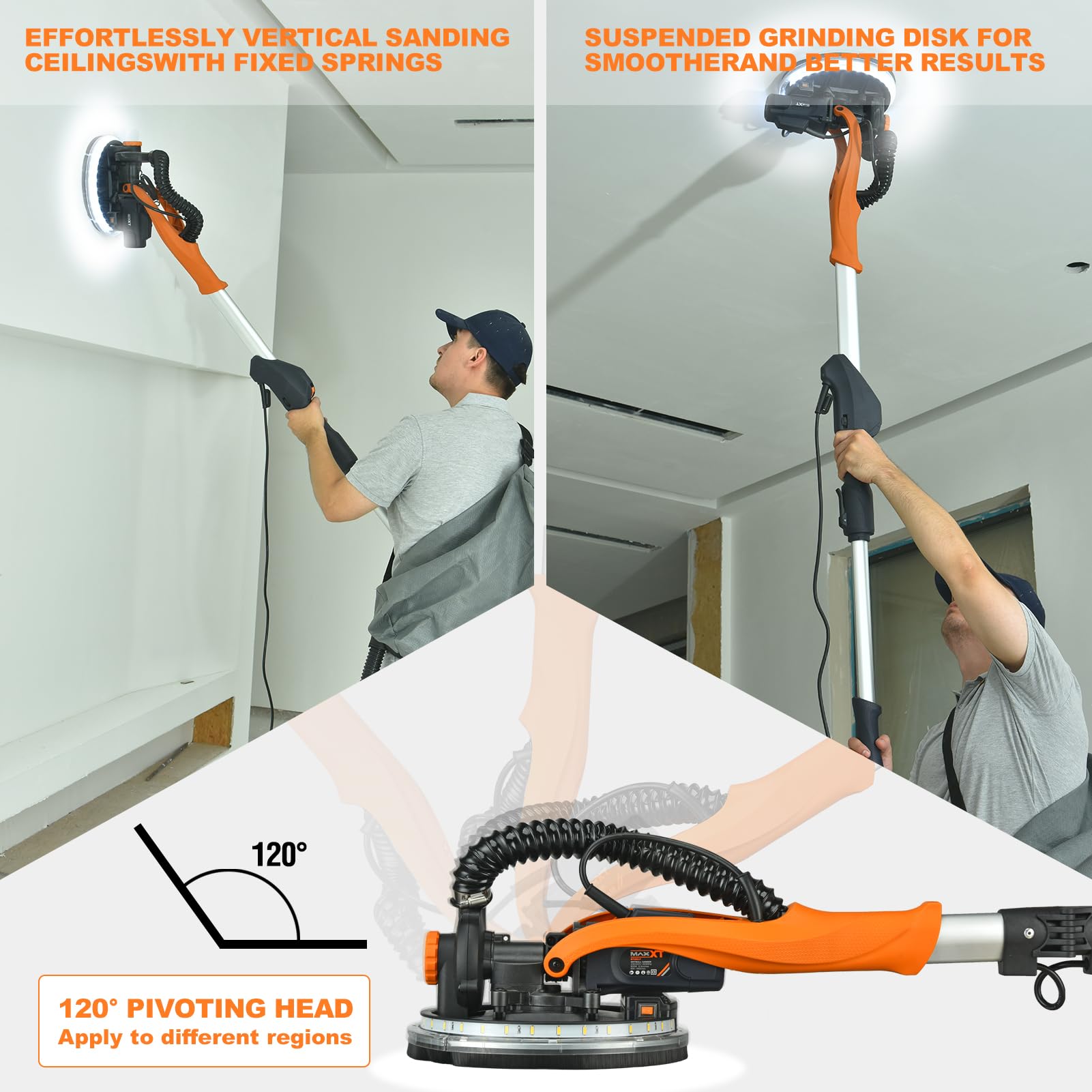 MAXXT Drywall Sander with Vacuum Dust Collection, Popcorn Ceiling Removal Tool, 6 Variable Speed Foldable Telescopic Electric Wall Sander, 600-1900RPM Power Sander Tool, LED Light, 18Pcs Sanding Discs