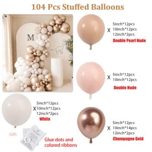 104PCS Nude Neutral Balloon Garland Arch Kit Boho Balloons Garland Double Stuffed Pearl White Balloons Cream Peach Champagne Gold Balloons for Bride Wedding Shower Birthday Party Decorations