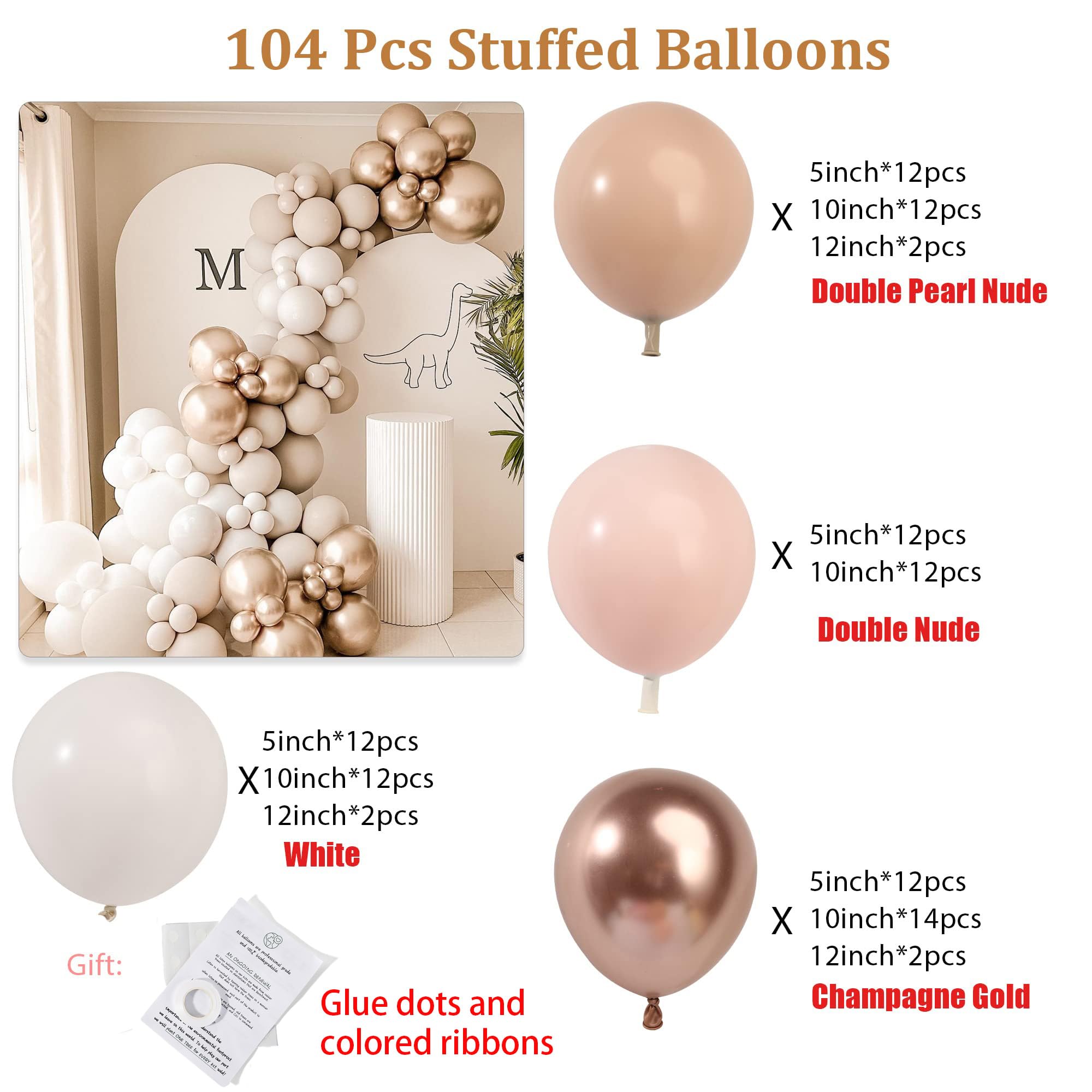 104PCS Nude Neutral Balloon Garland Arch Kit Boho Balloons Garland Double Stuffed Pearl White Balloons Cream Peach Champagne Gold Balloons for Bride Wedding Shower Birthday Party Decorations