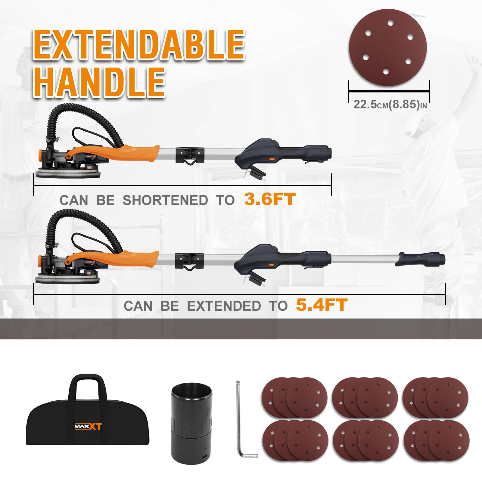 MAXXT Drywall Sander with Vacuum Dust Collection, Popcorn Ceiling Removal Tool, 6 Variable Speed Foldable Telescopic Electric Wall Sander, 600-1900RPM Power Sander Tool, LED Light, 18Pcs Sanding Discs