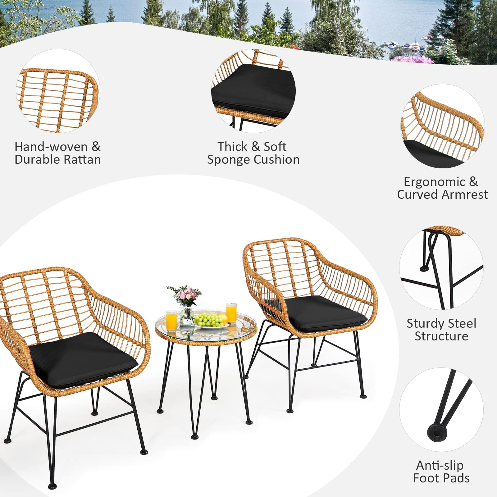 DORTALA 3 Pieces Patio Conversation Set, Rattan Leisure Chairs & Round Glass Tea Table Set, Indoor Outdoor Wicker Bistro Furniture Set with Cushions for Balcony, Poolside (Black)