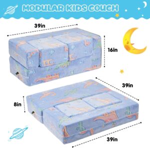 TELER Kids Couch Sofa Modular Toddler Couch, Glow in The Dark Sofa 3 in 1 Fold Out Kids Sofa with Washable and Durable Covers for Boys, Blue Dinosaur