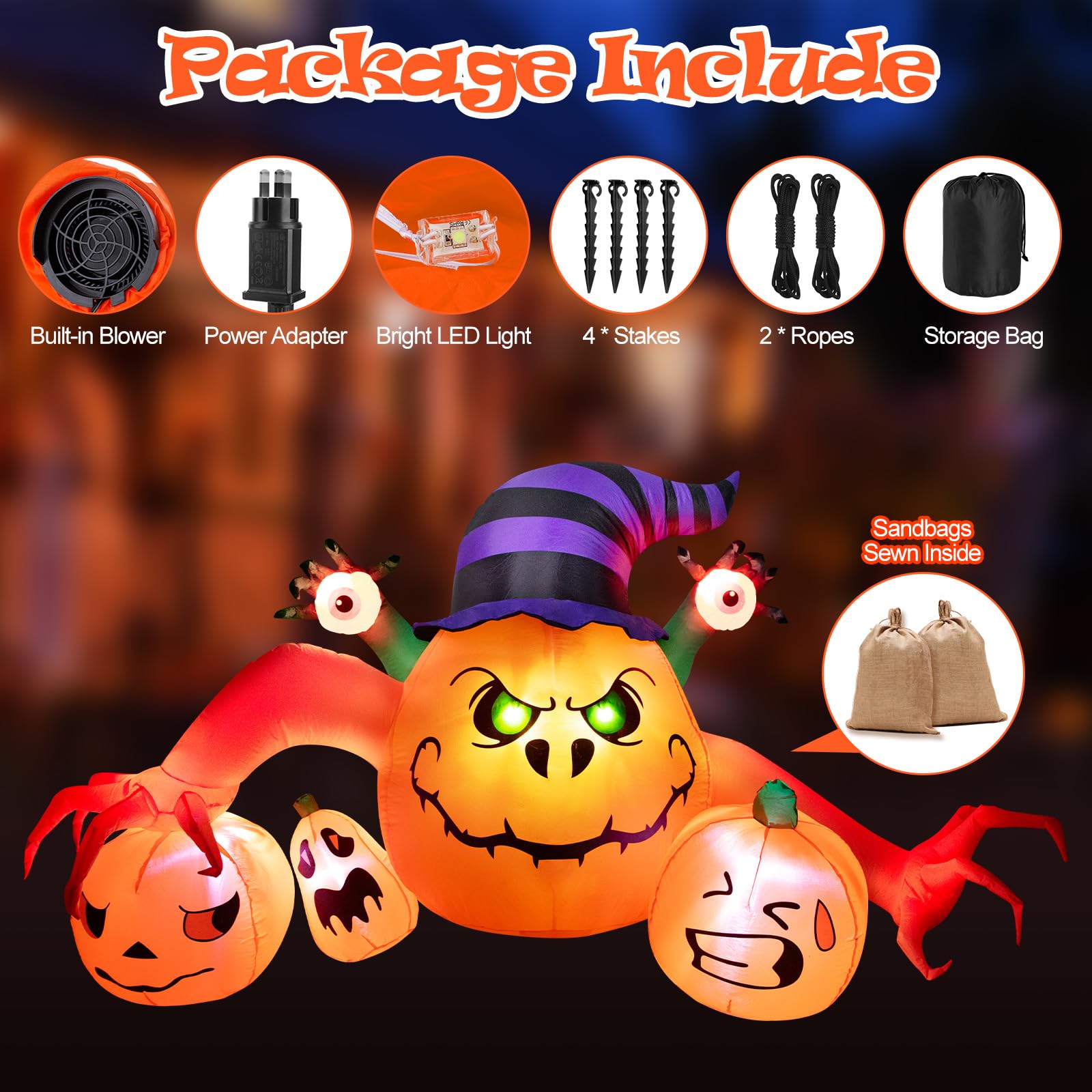 Wothfav 8FT Long Halloween Inflatable Outdoor Decorations, Pumpkin Decorations with Build-in LED Lights, Blow Up Jack-o-Lantern for Indoor Outdoor Halloween Party, Yard, Garden, Lawn