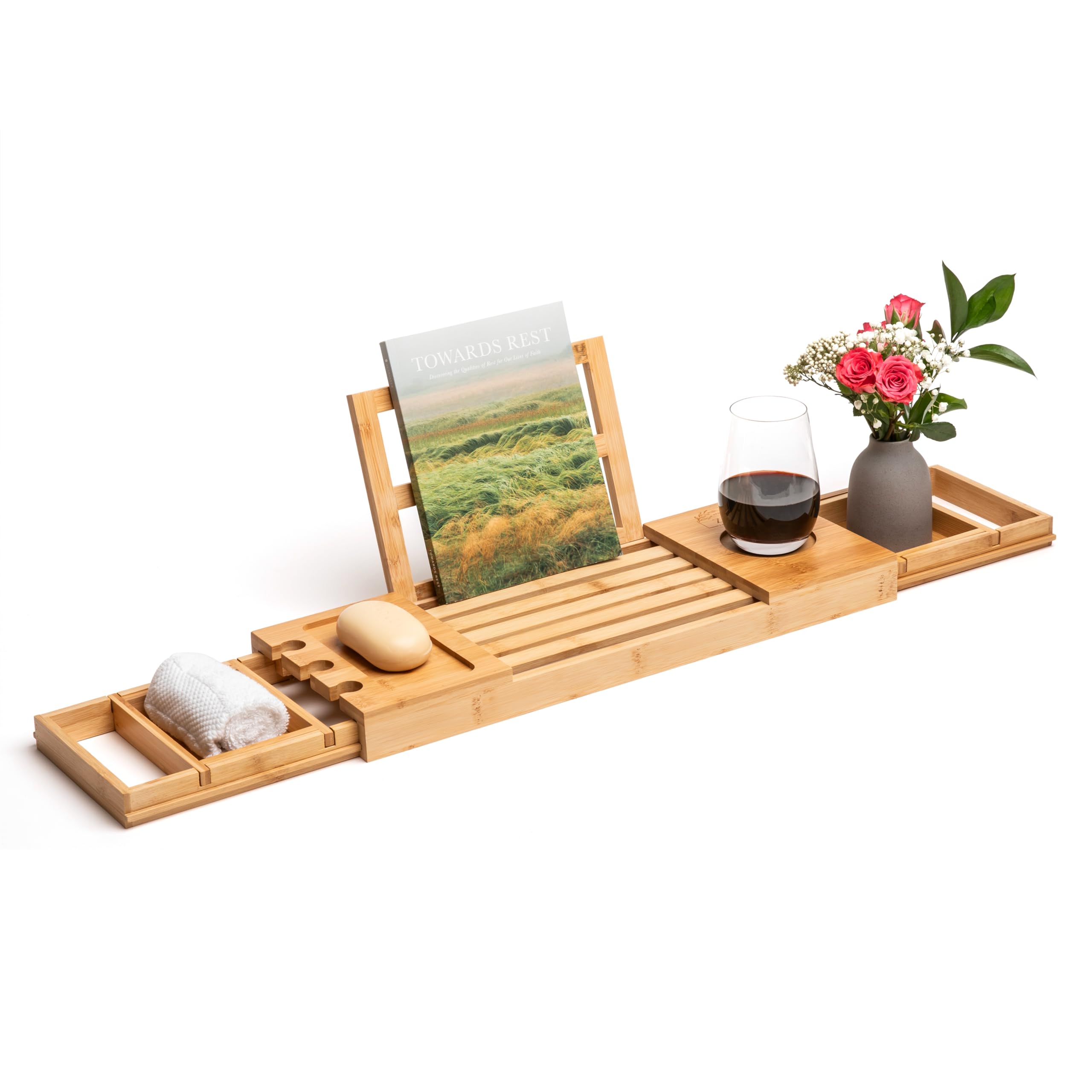 Zaz Bamboo Luxury Bathtub Tray Wooden - Bath Caddy Table with Expanding Adjustable Slats for Tub with Phone Tablet Book Towel Beverage Holders - Varnished Mold Proof