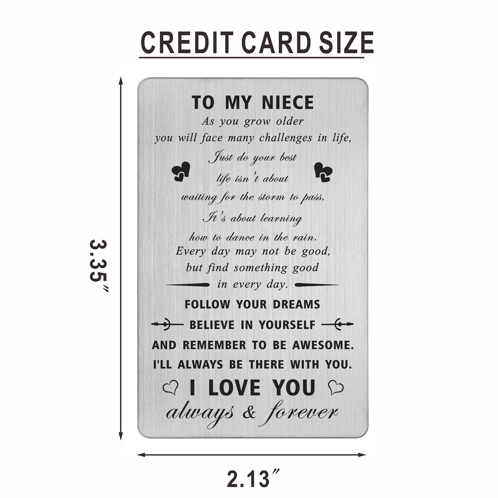 Niece Birthday Card Gifts - Niece Gifts from Auntie Uncle - Engraved Message Niece Wallet Card