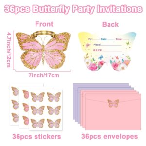 Qyeahkj 36pcs Butterfly Birthday Invitations for Girls with Envelopes Stickers Floral Butterfly Party Celebration Party Supplies Favors for Kids Boys Baby Shower Wedding Decorations