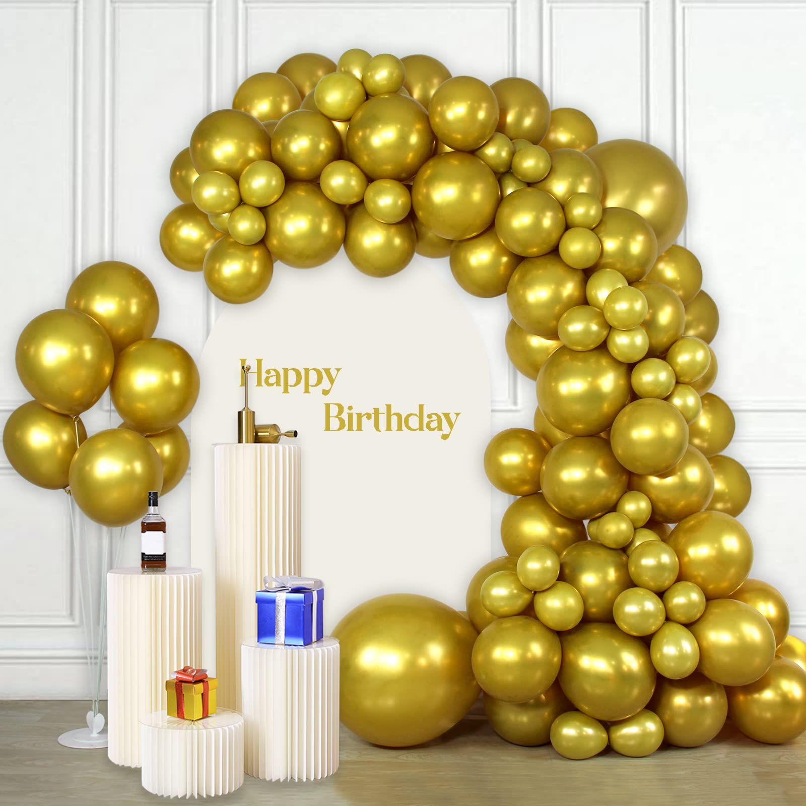 Metallic Gold Balloon Garland Arch Kit, 102pcs 5/10/12/18 inch Chrome Gold Latex Balloons Different Sizes Pack for Birthday Graduation Baby Shower Wedding New Year Party Decorations