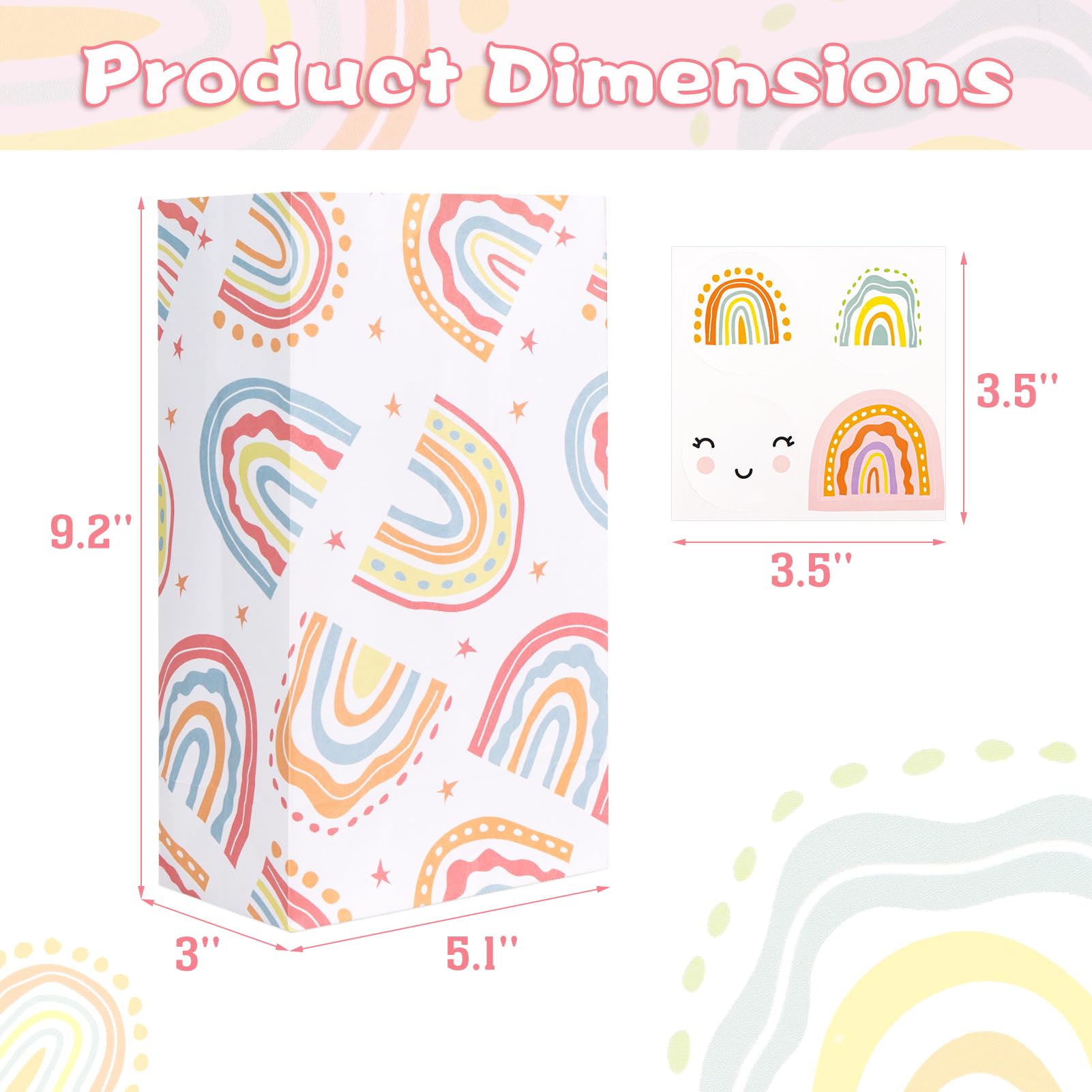 DECORLIFE 24PCS Rainbow Party Favor Bags, 4 Styles, Rainbow Goodie Bags for Birthday Party, Perfect for Girls, Kids, Boys, Stickers Included