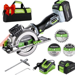 WORKPRO 20V Cordless Mini Circular Saw, 4-1/2" Compact Wireless Circular Saw 4.0Ah Battery, Fast Charger, 3 Saw Blades, 4500RPM, Laser Guide, Max Cutting Depth 1-11/16"(90°), 1-1/8"(45°)