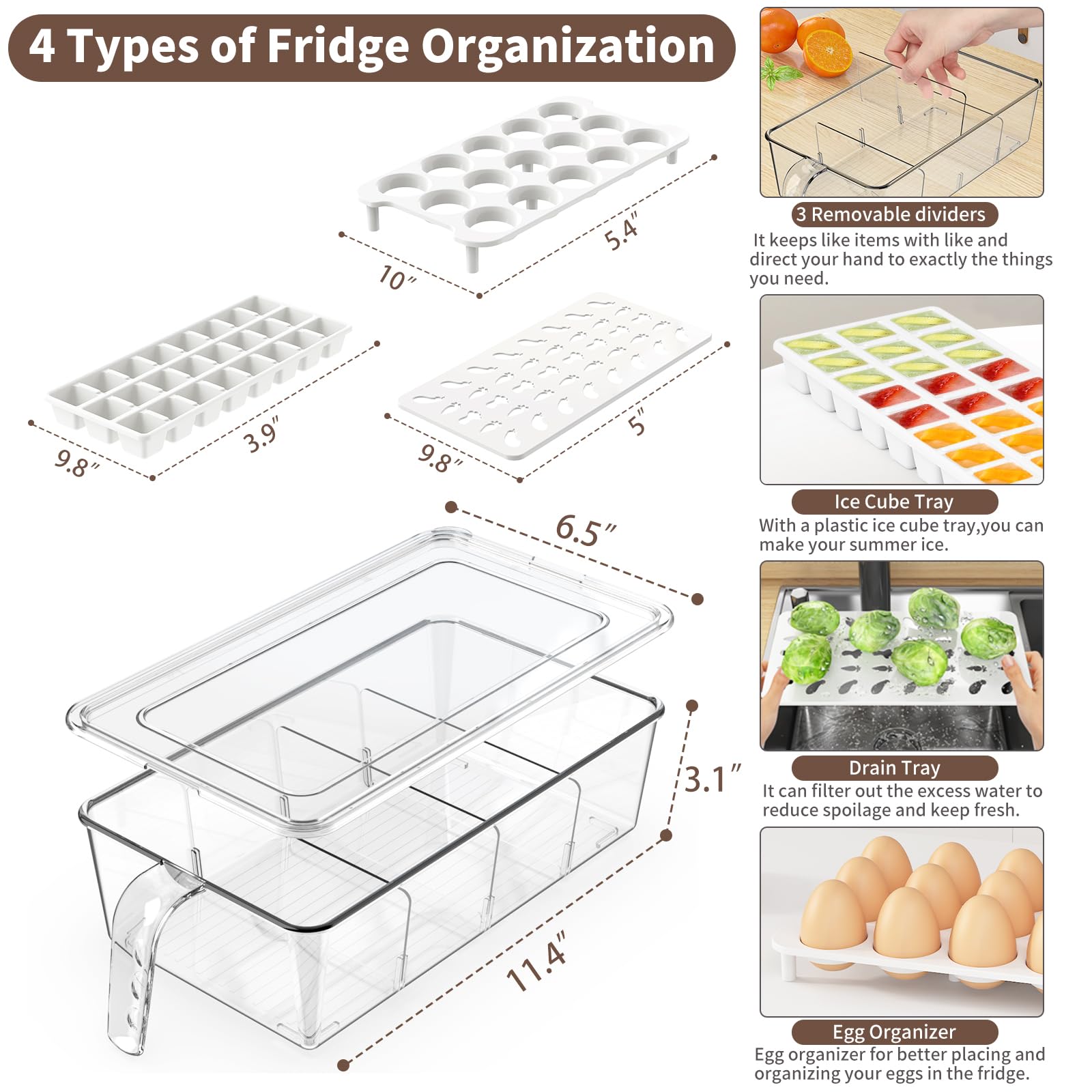 VIVAIVE 4 Pack Fridge Organizers and Storage,Clear Refrigerator Organizer Bins with Lids,Egg Container,Ice Cube Tray,Stackable Pantry Organizers with Removable Dividers,Ideal Fridge Organization