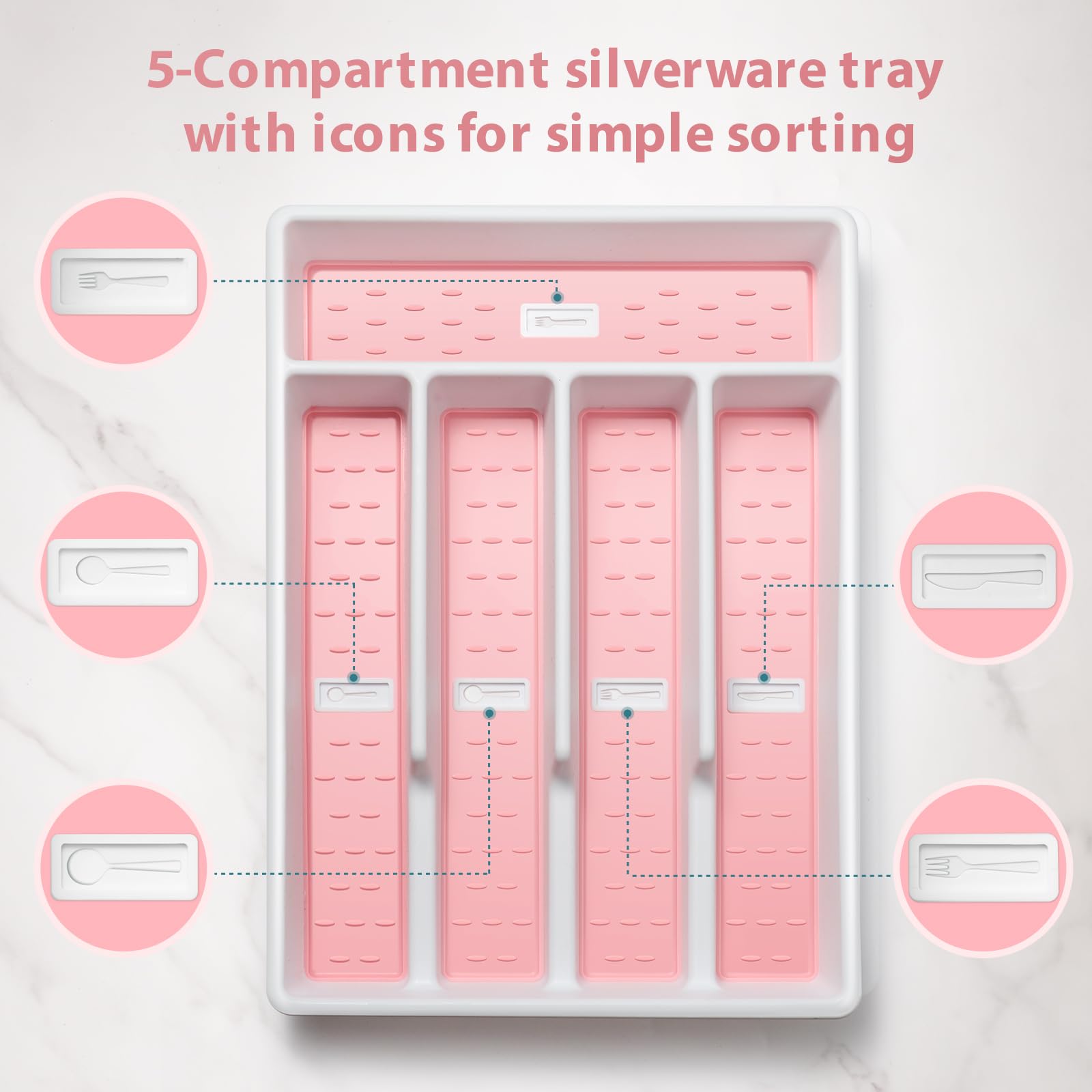 Joequality Silverware Organizer with Icons，Plastic Cutlery silverware Tray for Drawer，Utensil Flatware Tableware Organizer for Kitchen with Non-slip TPR,Fits Standard Drawer,5-Compartment,Pink