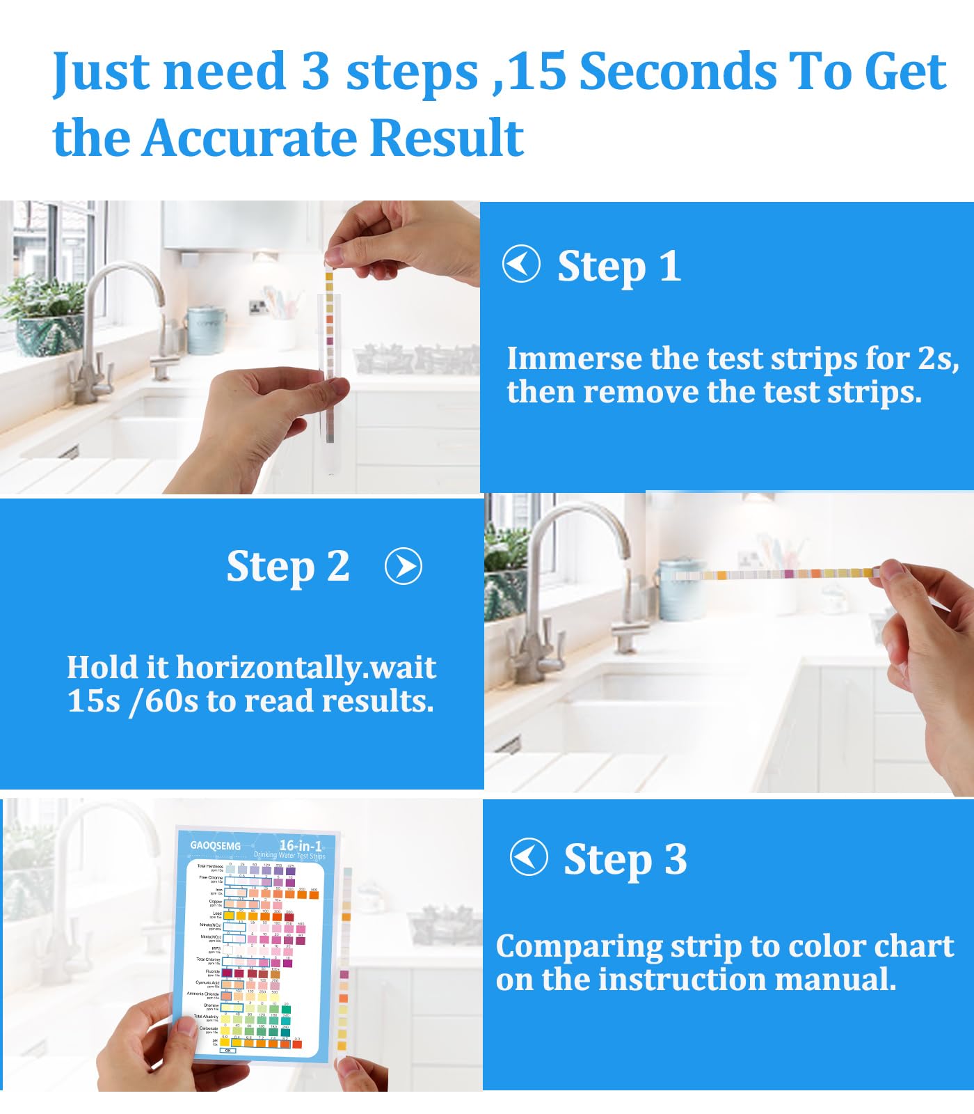 GAOQSEMG Water Test Kits for Drinking Water,16 in 1 Home Drinking Water Test Strips for Tap Well Water Testing Kit for Lead,Iron,Hardness,pH,Chlorine,Fluorine,Bromine,Nitrate,Nitrite,Copper and More