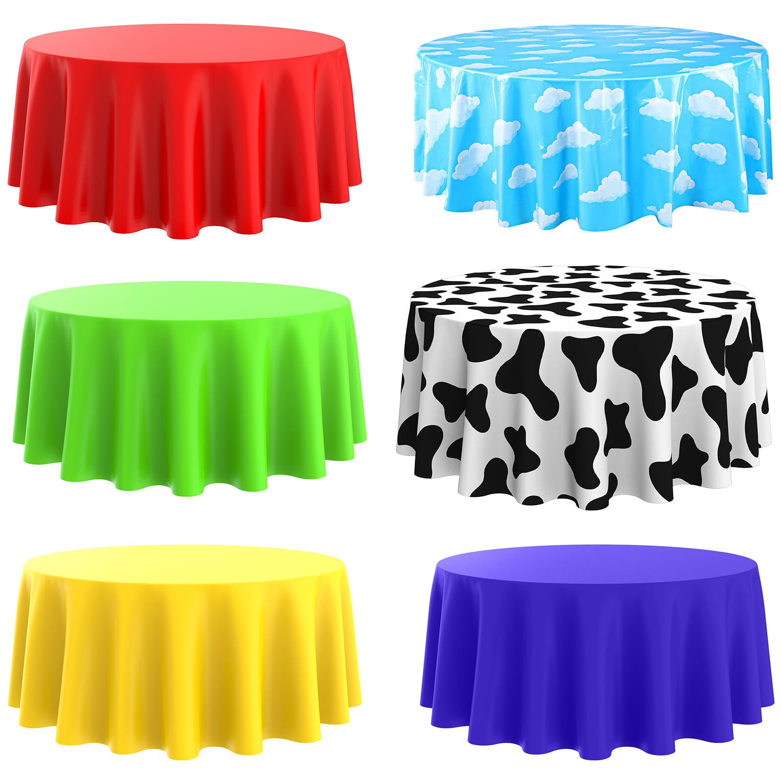 Kinlop 6 Pieces Round Tablecloth 84 Inch Cloud Tablecloth Cow Print Tablecloth Premium Plastic Table Cloth Disposable Table Covers Waterproof Tablecloths for Party Dinner Birthday Camping Picnic