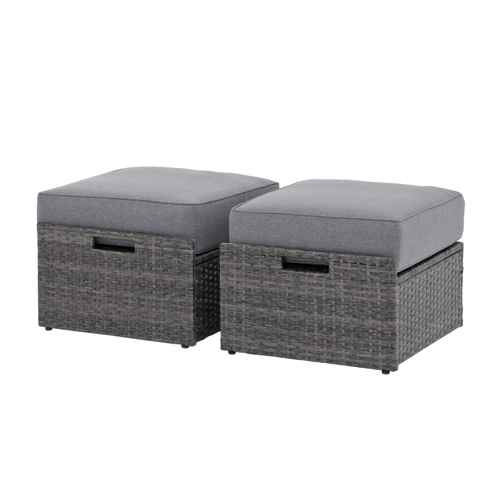 Super Patio Outdoor Wicker Ottoman Set of 2, All Weather Rattan Patio Ottoman Set with Thick Cushion, 2 Pieces Footstool Footrest Seat for Outside Garden, Balcony, Living Room, Gray