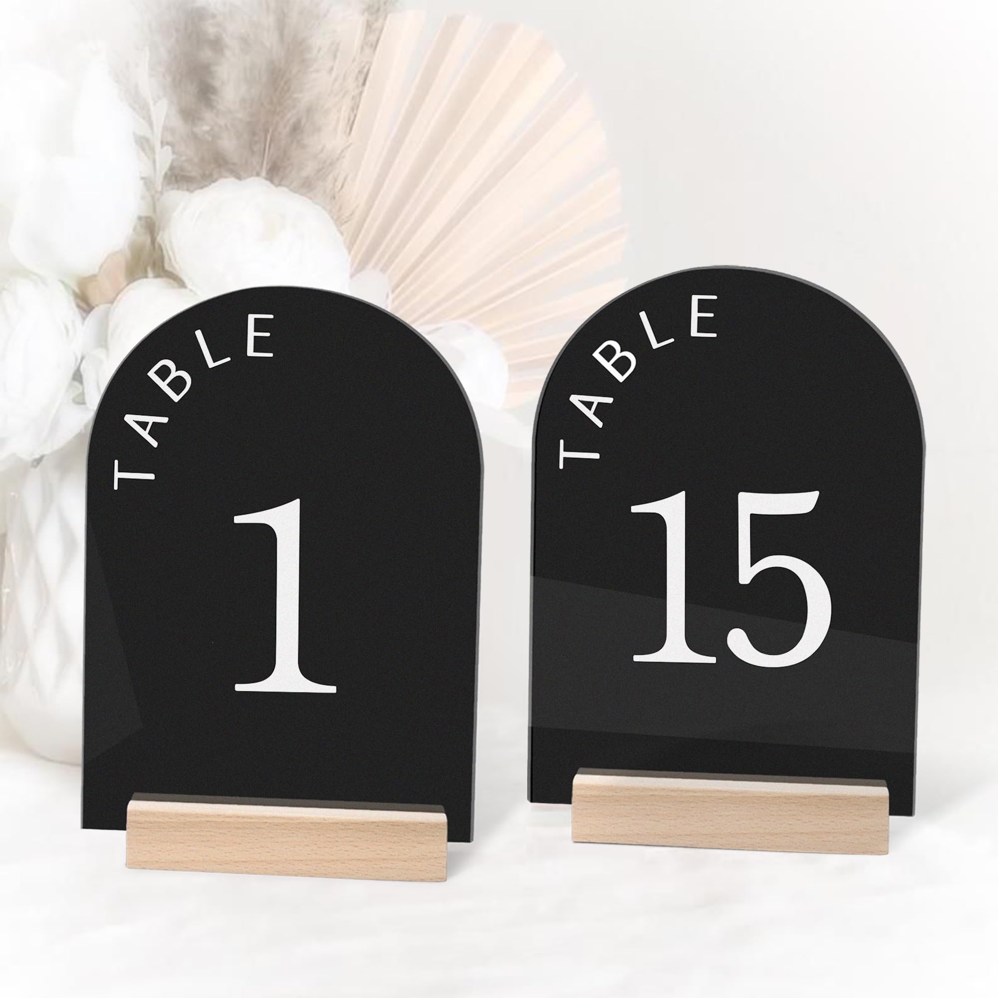 KOSKIMER Acrylic Table Numbers for Wedding Reception 1-15, Modern Arch Wedding Table Numbers with Wood Stands, 5x7 Inch Table Number Signs and Holders for Wedding, Anniversary, Party, Event