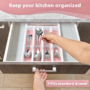 Joequality Silverware Organizer with Icons，Plastic Cutlery silverware Tray for Drawer，Utensil Flatware Tableware Organizer for Kitchen with Non-slip TPR,Fits Standard Drawer,5-Compartment,Pink