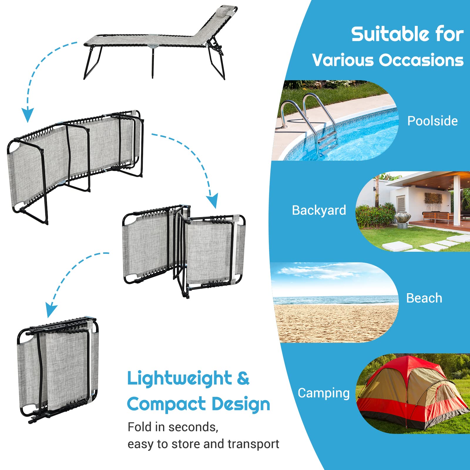 GYMAX Lounge Chair for Outside, 440lbs 27” Oversize Folding Beach Tanning Sunbath Chair with Adjustable Backrest & Removable Pillow, Lightweight Portable Patio Lounger for Lawn Poolside (2, Grey)