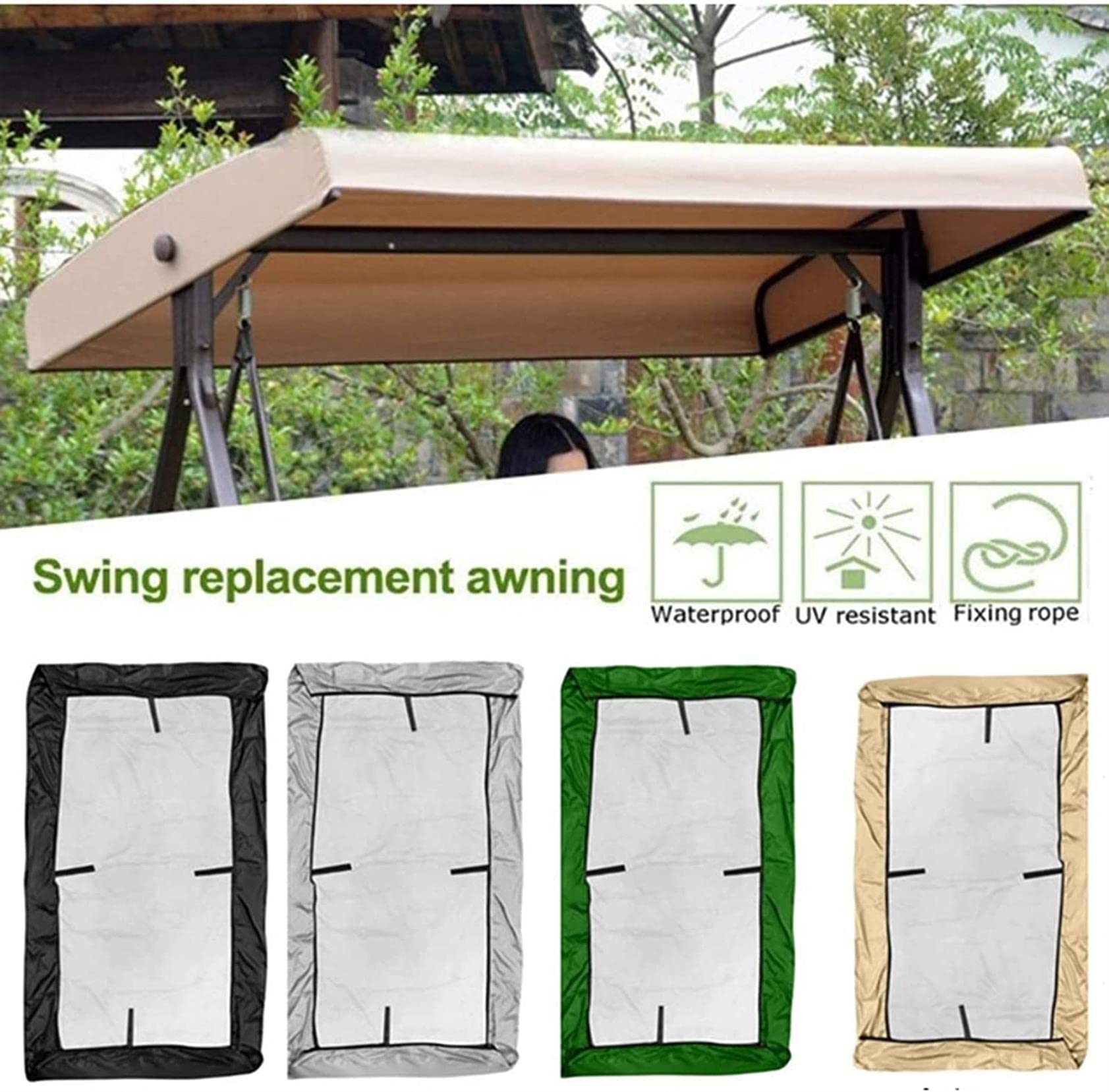 Swing Canopy Replacement Cover,Outdoor Swing Canopy Replacement Porch Top Cover Seat Furniture 2-3 Seater Waterproof Top Cover for Patio Swing Garden Swing Outdoor,Green