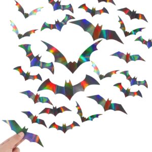 ccinee 144pcs halloween bat wall decor, 3d black iridescent bat wall stickers holographic decorative spooky bat wall decal for halloween party home decoration supply