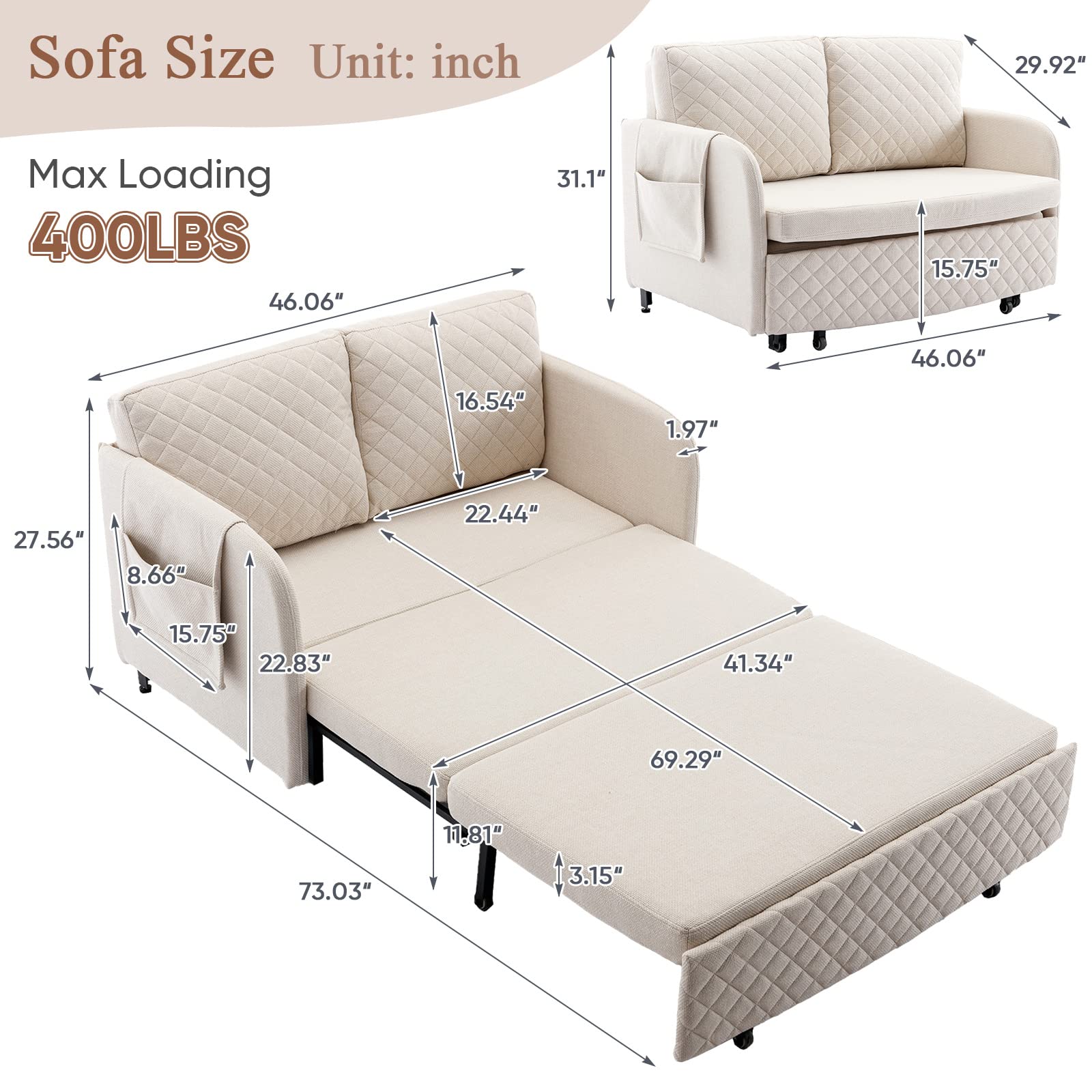 Antetek Sleeper Sofa Bed, 46-inch Modern Linen Loveseat Sleeper Sofa Couch with Pull-Out Bed, Small Love seat Sofa Single Bed with a Detachable Side Pocket for Living Room, Office, Beige