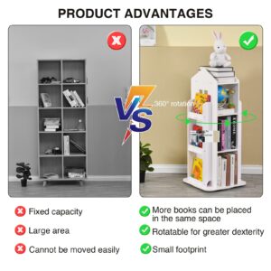 LEATOVOP Rotating Bookshelf, 360 Display 3 Tier Floor Standing Bookcase Storage Rack, Kids Book Shelf Organizer, Small Corner Bookshelf for Small Space, for Bedroom, Living Room, White