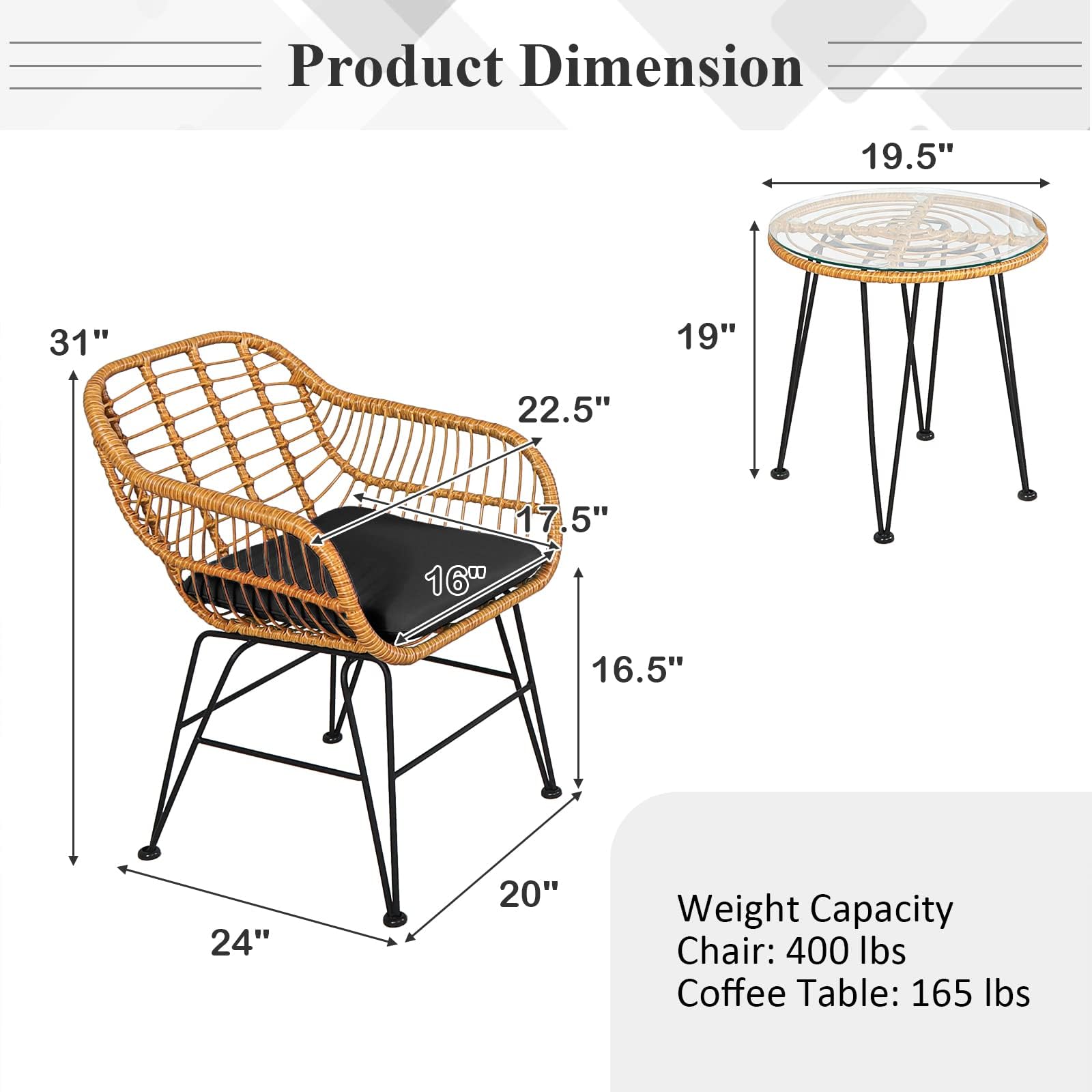 DORTALA 3 Pieces Patio Conversation Set, Rattan Leisure Chairs & Round Glass Tea Table Set, Indoor Outdoor Wicker Bistro Furniture Set with Cushions for Balcony, Poolside (Black)