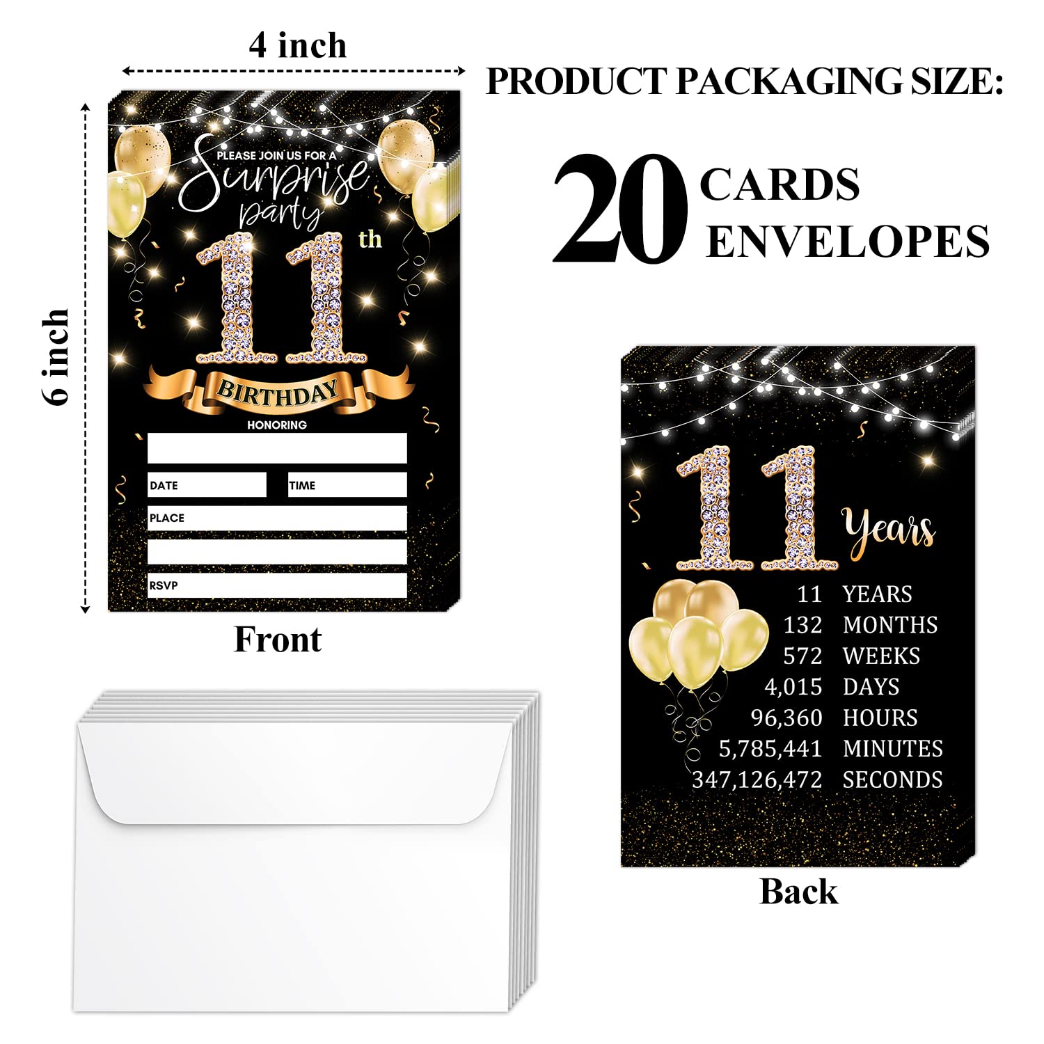 11th Birthday Party Invitation Card - Black Gold Invites with Birthday Sign Printing On The Back Double-Sided Fill-in Invites - 20 Cards with Envelopes for Party Favors - srgold-A01