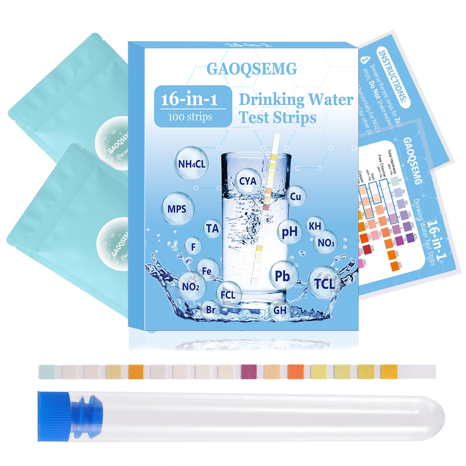 GAOQSEMG Water Test Kits for Drinking Water,16 in 1 Home Drinking Water Test Strips for Tap Well Water Testing Kit for Lead,Iron,Hardness,pH,Chlorine,Fluorine,Bromine,Nitrate,Nitrite,Copper and More