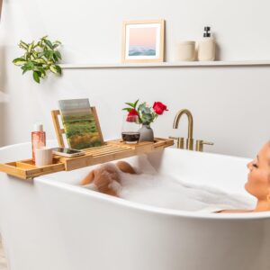 Zaz Bamboo Luxury Bathtub Tray Wooden - Bath Caddy Table with Expanding Adjustable Slats for Tub with Phone Tablet Book Towel Beverage Holders - Varnished Mold Proof