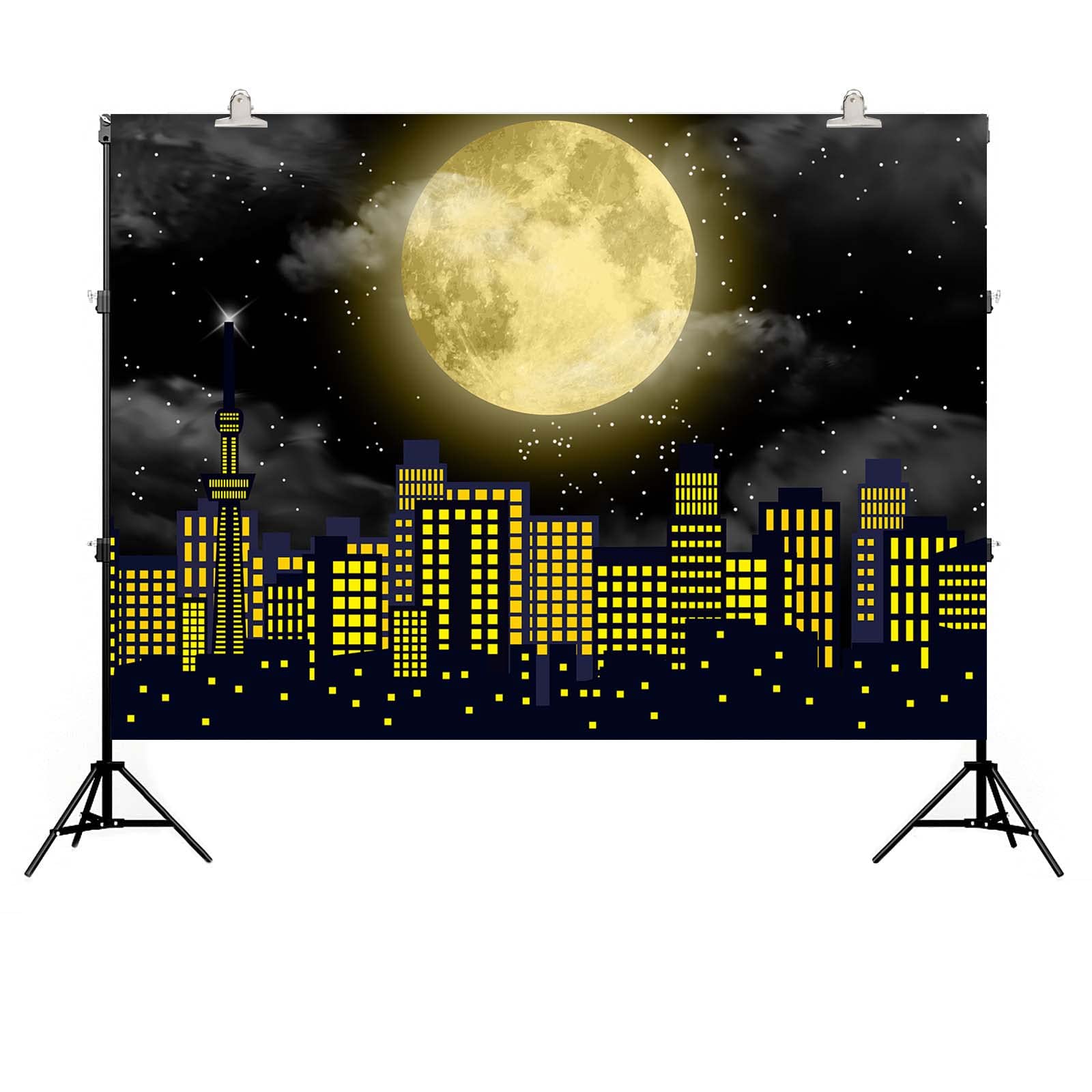 Super City Superhero Backdrop for Photography 7x5FT Yellow Full Moon Skyline Cityscape Theme Photo Background Baby Shower Boys Birthday Party Cake Table Decoration Banner Props (84x60 inch)