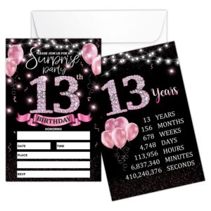 13th birthday party invitation card - rose gold invites with birthday sign printing on the back double-sided fill-in invites - 20 cards with envelopes for party favors - srpink-a02