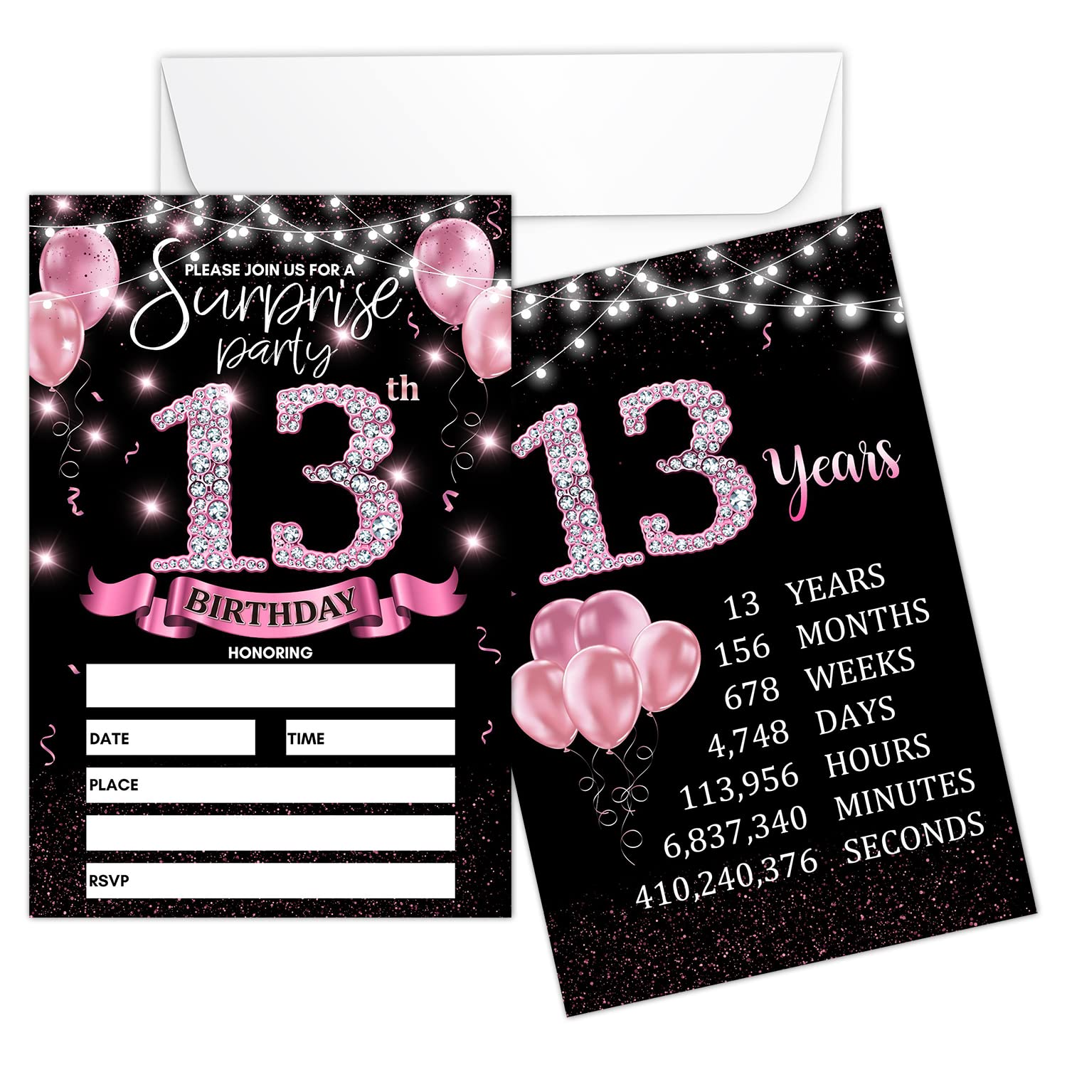 13th Birthday Party Invitation Card - Rose Gold Invites with Birthday Sign Printing On The Back Double-Sided Fill-in Invites - 20 Cards with Envelopes for Party Favors - srpink-A02