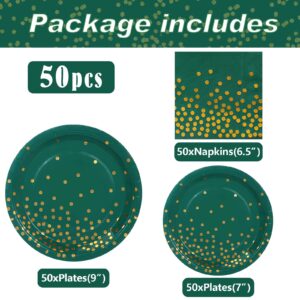 Boocikey 150 PCS Green Plates and Napkins Party Supplies,Golden Dot Green Paper Plates for 50 Guests,Green and Gold Party Decorations for Holiday Wedding Graduation Christmas Party Decorations