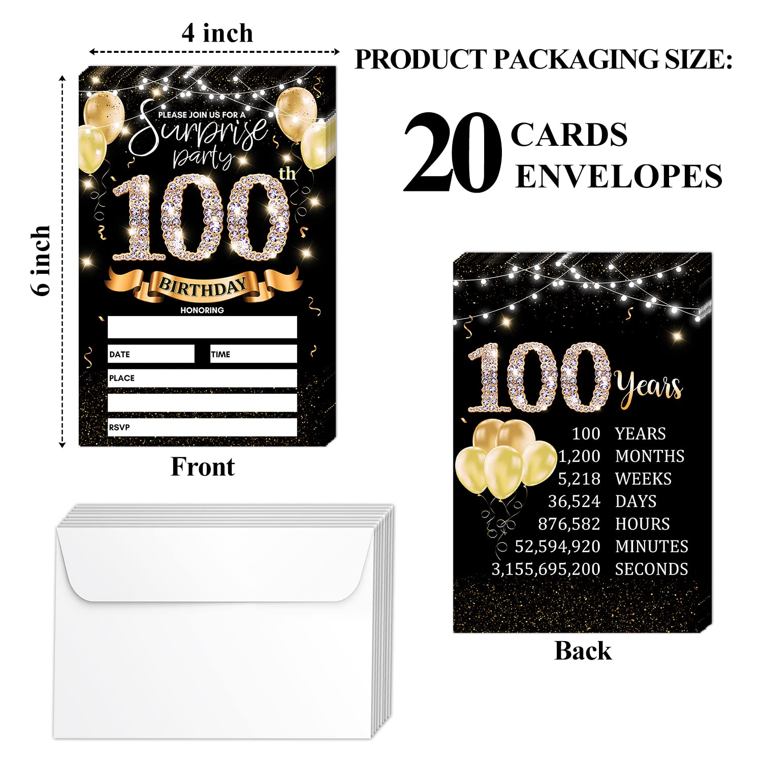 100th Birthday Party Invitation Card - Black Gold Invites with Birthday Sign Printing On The Back Double-Sided Fill-in Invites - 20 Cards with Envelopes for Party Favors - srgold-A10