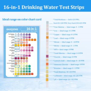 GAOQSEMG Water Test Kits for Drinking Water,16 in 1 Home Drinking Water Test Strips for Tap Well Water Testing Kit for Lead,Iron,Hardness,pH,Chlorine,Fluorine,Bromine,Nitrate,Nitrite,Copper and More