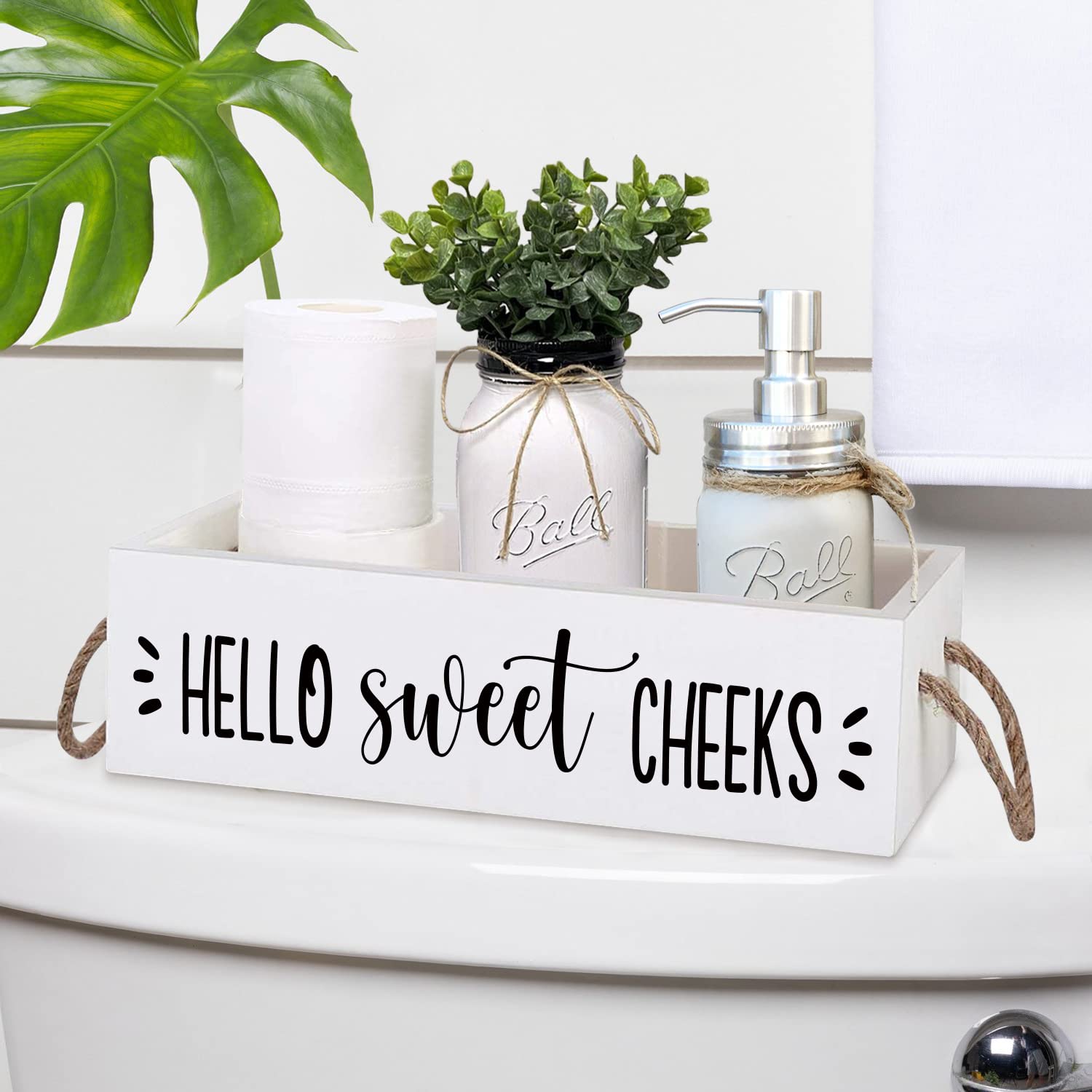 Guokoko Hello Sweet Checks Wooden 2 Sides Bathroom Decor Box Toilet Tank Paper Basket with Rope Handle, Back of Toilet Storage Organizer for Bathroom Tank Topper Counter, White Bathroom Decor Box