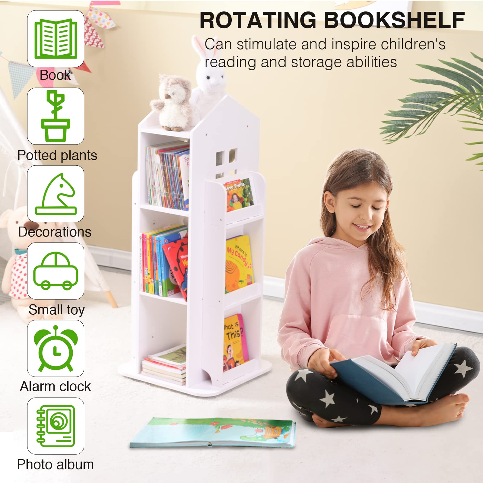 LEATOVOP Rotating Bookshelf, 360 Display 3 Tier Floor Standing Bookcase Storage Rack, Kids Book Shelf Organizer, Small Corner Bookshelf for Small Space, for Bedroom, Living Room, White