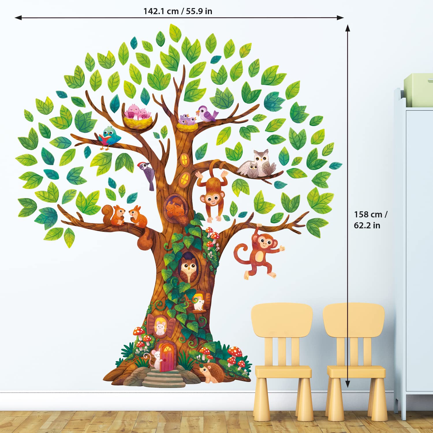 DECOWALL DL4-2303 XLarge Giant Tree Wall Stickers (60x62 inch) Decals Kids Baby Nursery Bedroom Jungle Woodland Leaf Forest Large Birch Vinyl Peel and Stick Enchanted Classroom Family Nature vinilos