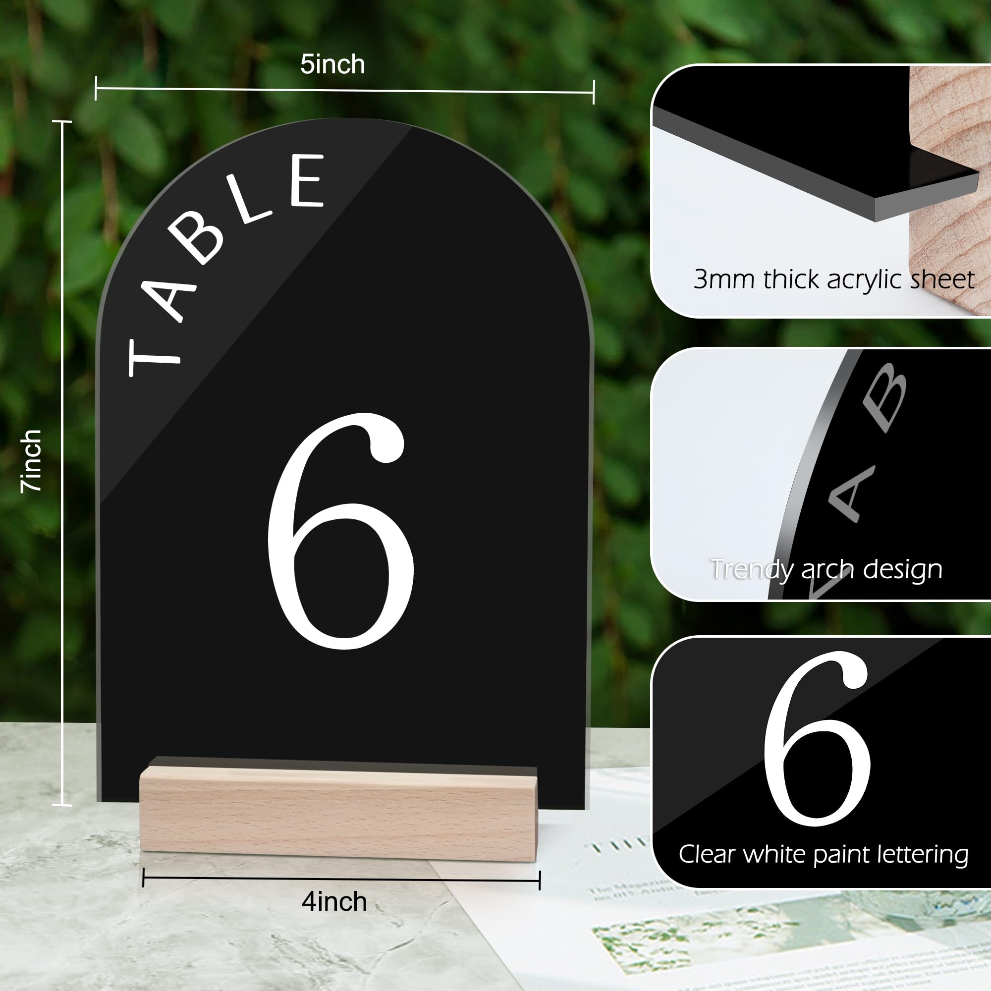 KOSKIMER Acrylic Table Numbers for Wedding Reception 1-15, Modern Arch Wedding Table Numbers with Wood Stands, 5x7 Inch Table Number Signs and Holders for Wedding, Anniversary, Party, Event