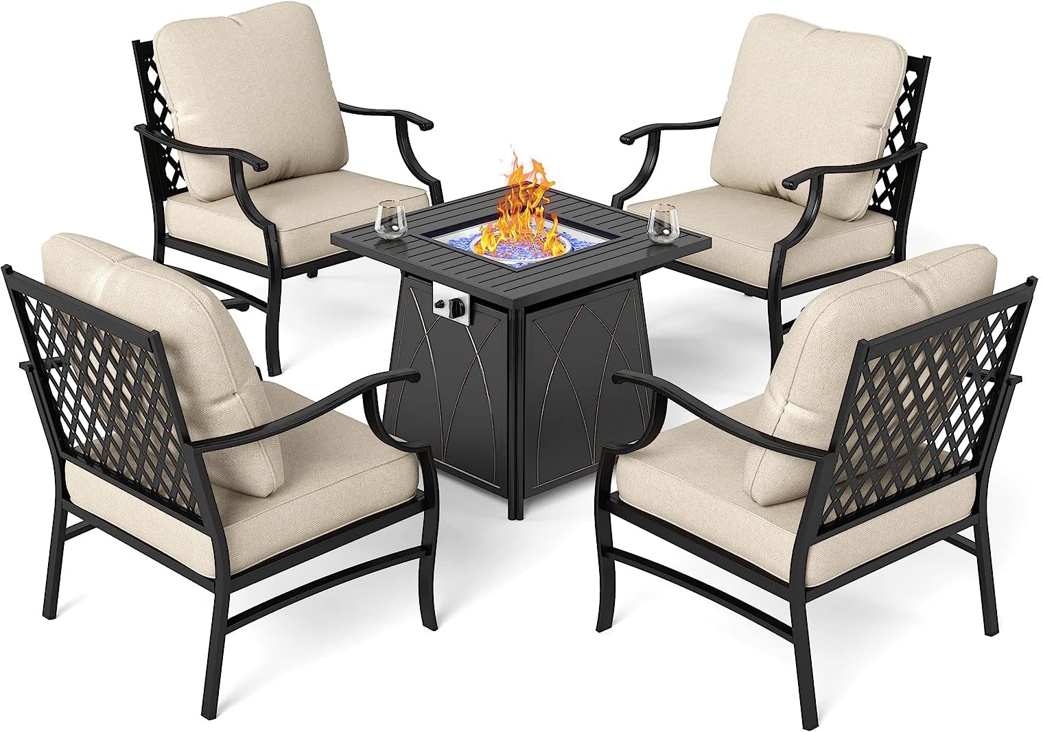 MIXPATIO Patio Furniture Set with Fire Pit Table, 5 Pcs Metal Outdoor Conversation Set, 4 Single Chairs with 5.75" Extra Thick Cushion and 28" Fire Pit Table for Backyard Deck, Beige