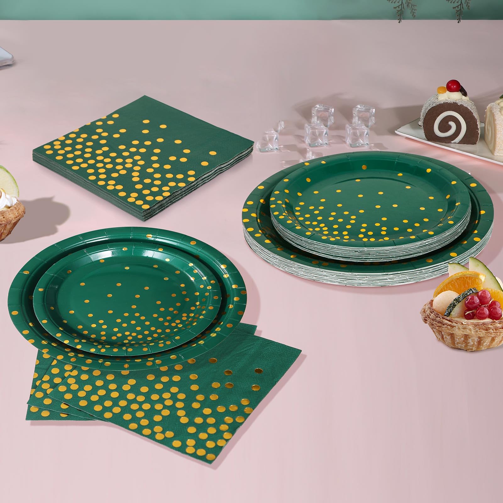 Boocikey 150 PCS Green Plates and Napkins Party Supplies,Golden Dot Green Paper Plates for 50 Guests,Green and Gold Party Decorations for Holiday Wedding Graduation Christmas Party Decorations