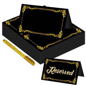 chenkaiyang 100 pcs black place cards and gold pen for weddings, name cards with gold foil border for table setting folded table tents sign for buffet banquet parties events celebrations