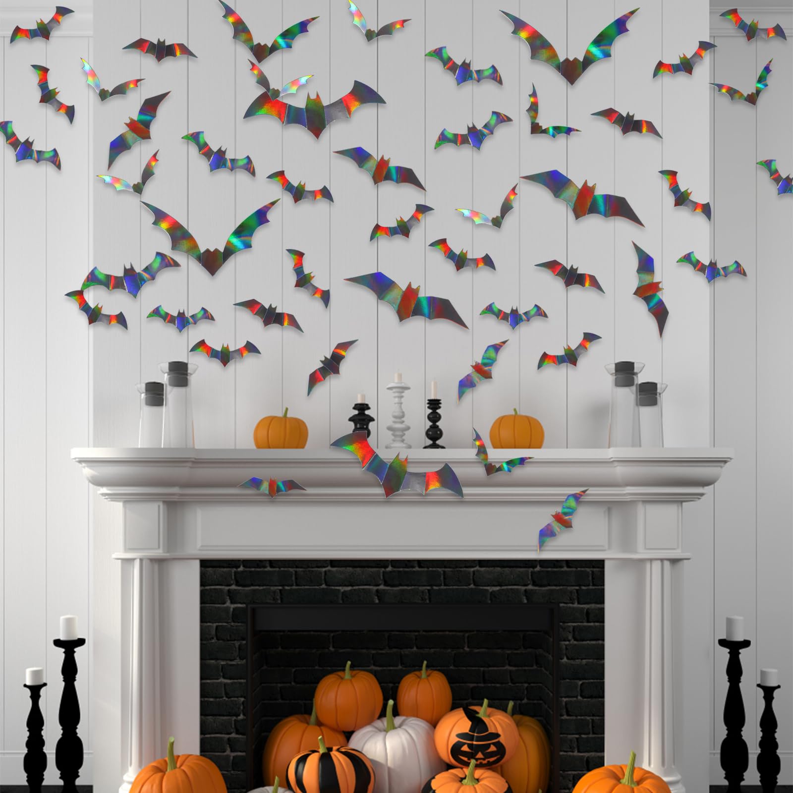 CCINEE 144Pcs Halloween Bat Wall Decor, 3D Black Iridescent Bat Wall Stickers Holographic Decorative Spooky Bat Wall Decal for Halloween Party Home Decoration Supply